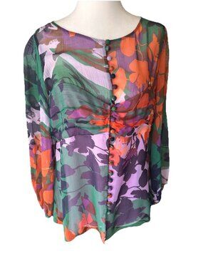 BCBG MaxAzria Colorful Floral 💯 Silk Peplum Style Size Med Flowy Sheer